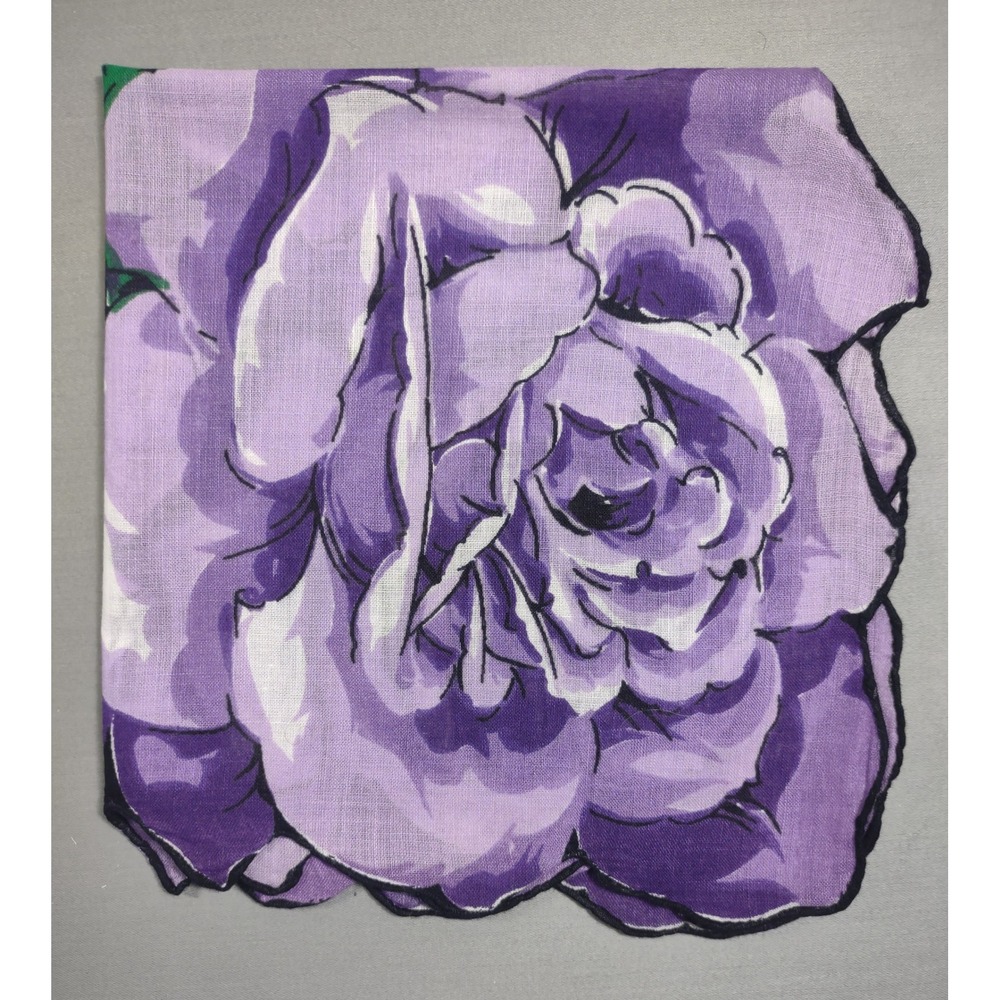Vtg Purple Rose Floral Handkerchief Scalloped Edge Cotton 12.5" x 13"